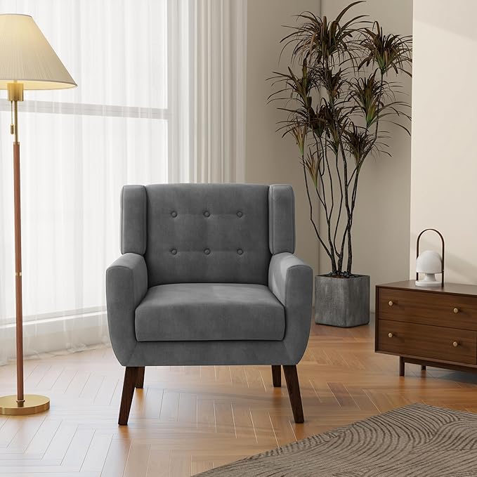 Accent Chair Mid-Century Modern Velvet Fabric Chairs with Arms for Living Room Comfy Upholstered Club Single Sofa Armchair for Bedroom Waiting Room with Solid Wood Frame (Velvet Grey Set of 1)