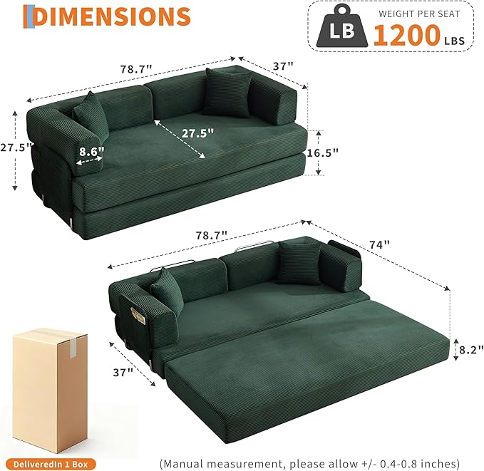 Convertible Sleeper Sofa Bed 78.8 Floor Sofa Bed 5-in-1 Folding Mattress Couch Loveseat with Fixed-Shape Frame Pillow Corduroy Fabric for Living Room Bedroom Lounge Dark Green