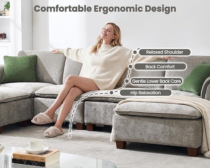 VESCASA 56.5 Inch Love Seat Sofa 2 Seater Modular Cloud Couch with Waterfall Armrest and Back Cushion for Living Room Apartment Lounge Grey Chenille