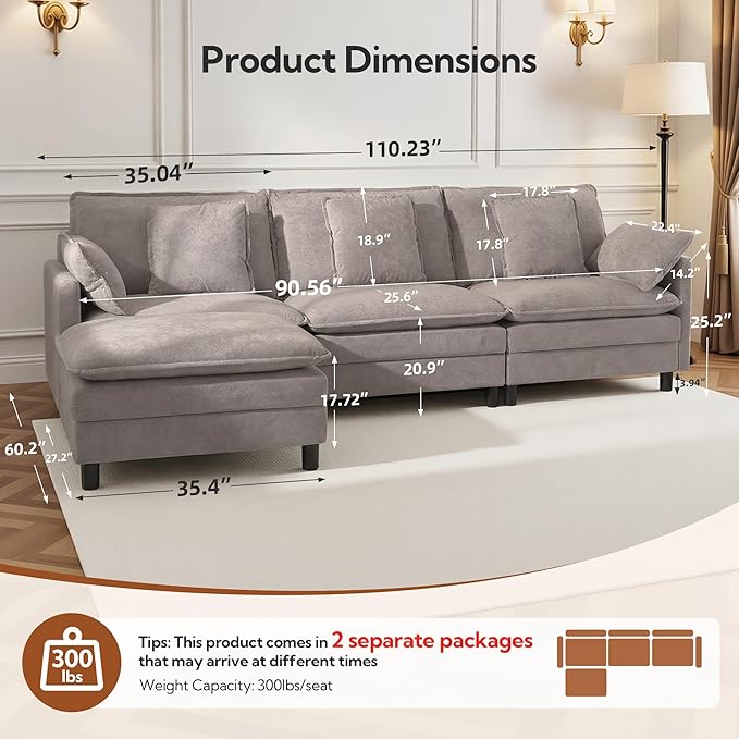 YDN 110 Couch Sofa Sectional Couches for Living Room Cloud Couch with Movable Ottoman Modular L Shaped Sofa Set Light Grey