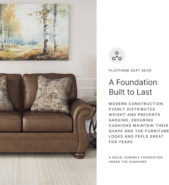 Signature Design by Ashley Shadsburne Rustic Faux Leather Loveseat with Nailhead Trim and 2 Throw Pillows Brown
