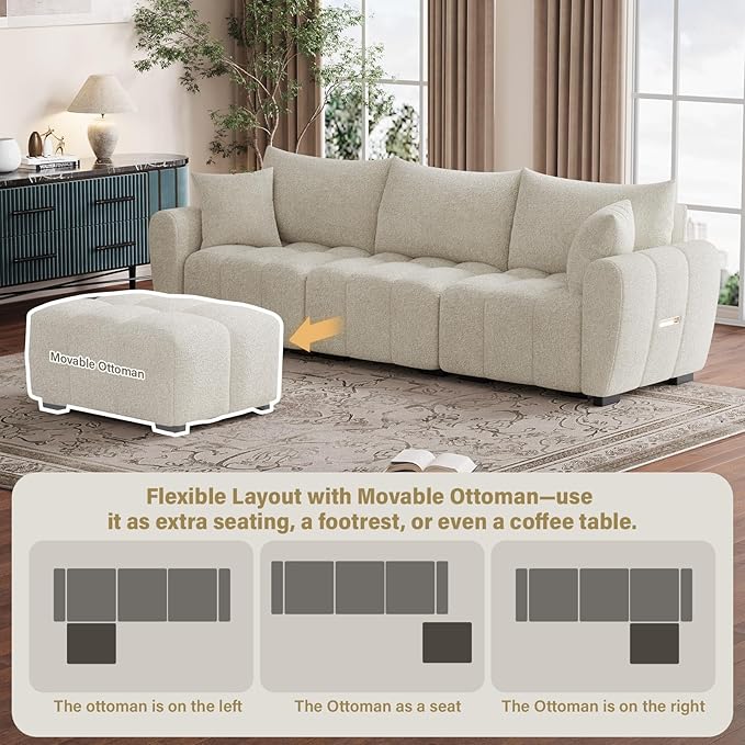 110 L Shaped Modern Boucle Sofa Modular Sectional Cloud Couch with Ottoman Tufted 4-Seat Deep Seat Sofa with Pillows for Living Room Bedroom and Apartment Beige White