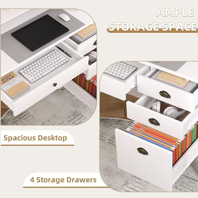 4 EVER WINNER White Desk with Drawers Small Desk with File Drawer for Small Spaces Writing Desk with Monitor Stand Wood Table for Home Office White