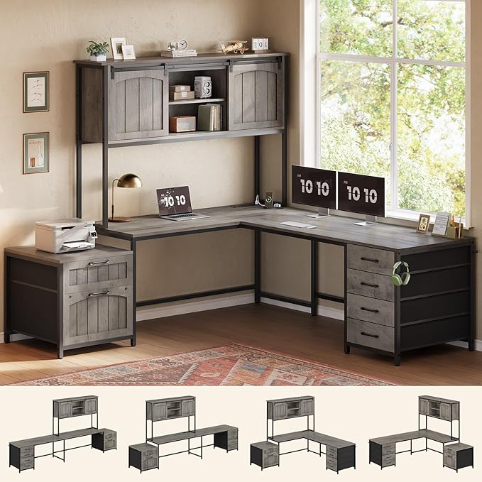SEDETA Farmhouse L Shaped Office Desk with 6 Drawer Reversible Computer Desk with Power Outlet Hutch for Home Office/Two Person Corner Desk with File Drawer &amp Printer Storage Shelves Grey
