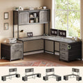 SEDETA Farmhouse L Shaped Office Desk with 6 Drawer Reversible Computer Desk with Power Outlet Hutch for Home Office/Two Person Corner Desk with File Drawer &amp Printer Storage Shelves Grey