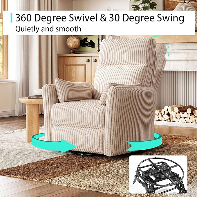 LINSY 360 Swivel Recliner Chair Nursery Glider Rocking Chair with 2 Pillows Corduroy Nursing Chair Comfy High Back Adult Rocker Recliner for Small Spaces Nursery Bedroom Living Room (Beige)