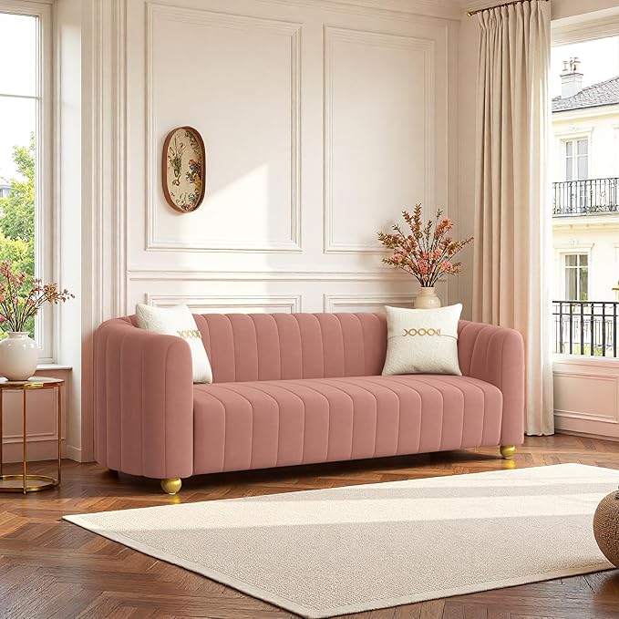 Modern Velvet Loveseat Sofa Couch for Living Room 84 Comfy Upholstered 3 Seater Sofa Couch with Gold Metal Legs &amp 2 Pillows Luxury Sectional Sofa for Bedroom Office Apartment Pink