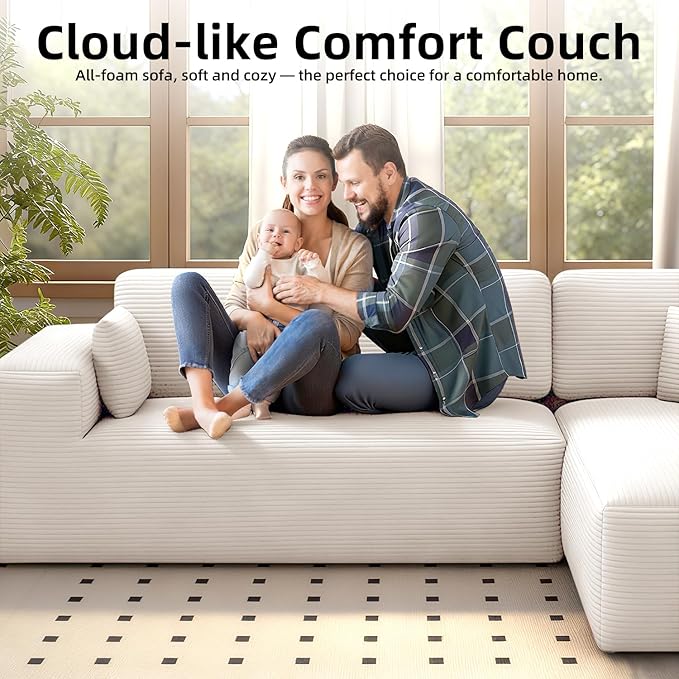 107 Cloud Sectional Couch with Chaise L Shaped Boneless Couch with Deep Seat 3 Seater Corduroy Modular Sectional Sofa for Living Room No Assembly Required （Right Facing Chaise Cream Beige）