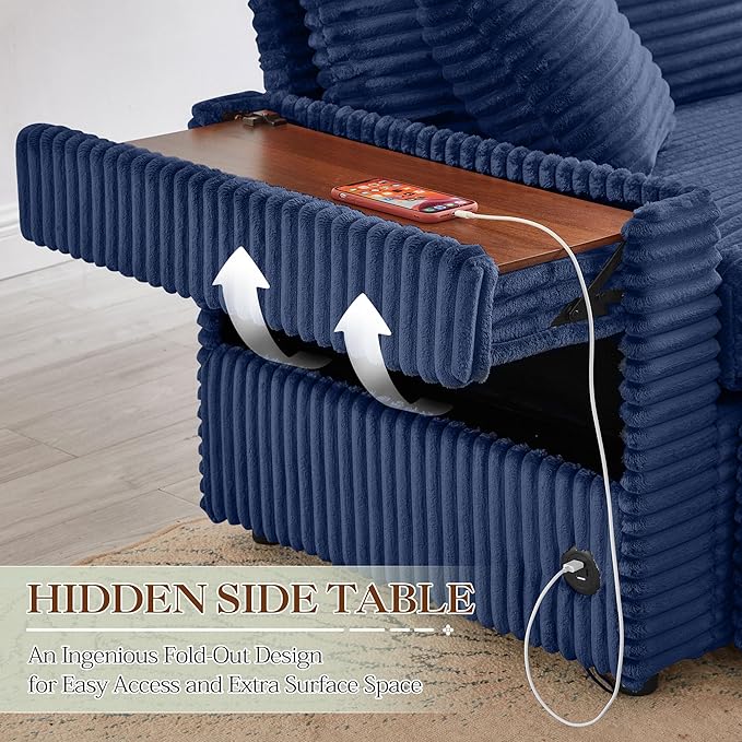 Modern Corduroy Cloud Chaise Lounge Chair with Ottoman Storage USB Ports &amp Wooden Side Table – 34.5 Comfortable Reading Chair for Living Room Bedroom &amp Home Office Reading Room Blue
