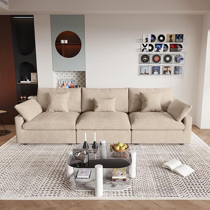 JACH Sectional Couches for Living Room 3 Seater Cloud Sectional Couch with Deep Seat Down Filled Modular Sofa Covers Removable &amp Washable Sofas Furniture for Living Room Khaki