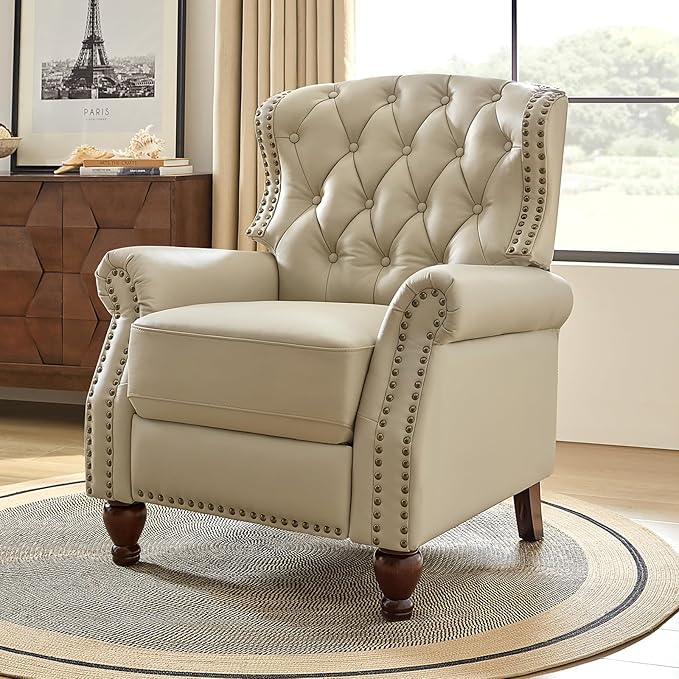 HULALA HOME Genuine Leather Recliner Chair with Solid Wood Feet Modern Adjustable Tufted Push Back Arm Chair w/Rivet Decoration Home Theater Seating Single Reclining Sofa for Living Room Beige