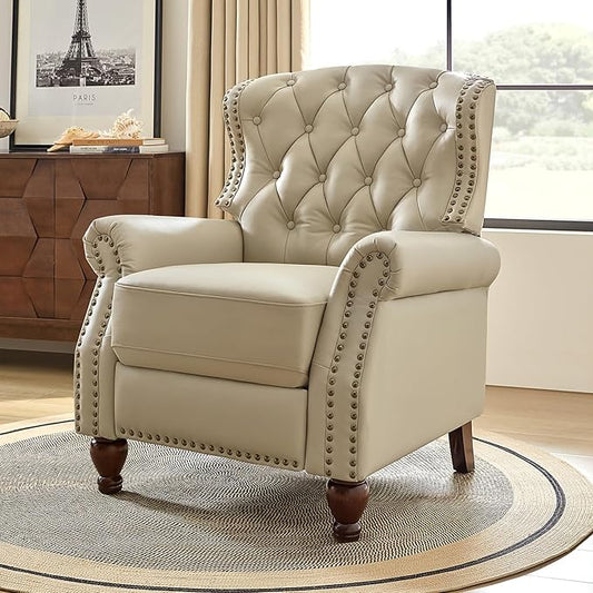 HULALA HOME Genuine Leather Recliner Chair with Solid Wood Feet Modern Adjustable Tufted Push Back Arm Chair w/Rivet Decoration Home Theater Seating Single Reclining Sofa for Living Room Beige