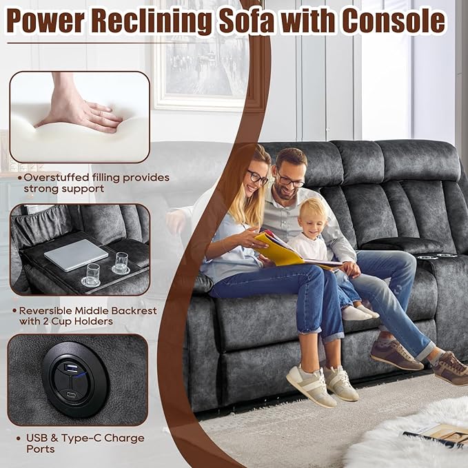 3 Seater Recliner Sofa Reclining Loveseat with Console Power Reclining Sofa with Heat and Massage Cup Holders USB &amp Type-C Charge Ports for Living Room