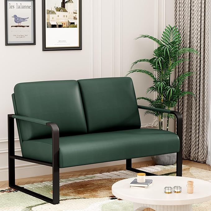 Love Seat Mini Couch Small Settee Loveseat Bench for Living Room Faux Leather Loveseat Sofa Sofa Couches for Small Spaces with Padded Cushion Mid Century Modern Green Love Seats