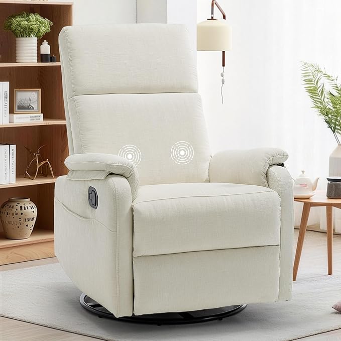 Swivel Rocking Recliner with Massage Small Glider Chair for Nursery Modern-Designed Armrests Chair for Adults Living Room Chenille Beige