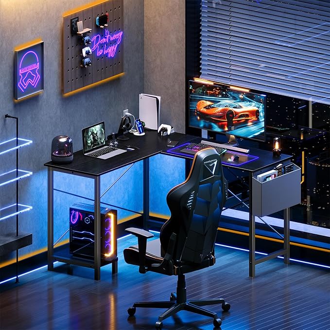 DUMOS L Shaped Desk Computer Gaming Corner Table 50 Inch Home Office Writing Student Work PC Workstation with Side Storage Bag CPU Stand for Bedroom Small Spaces