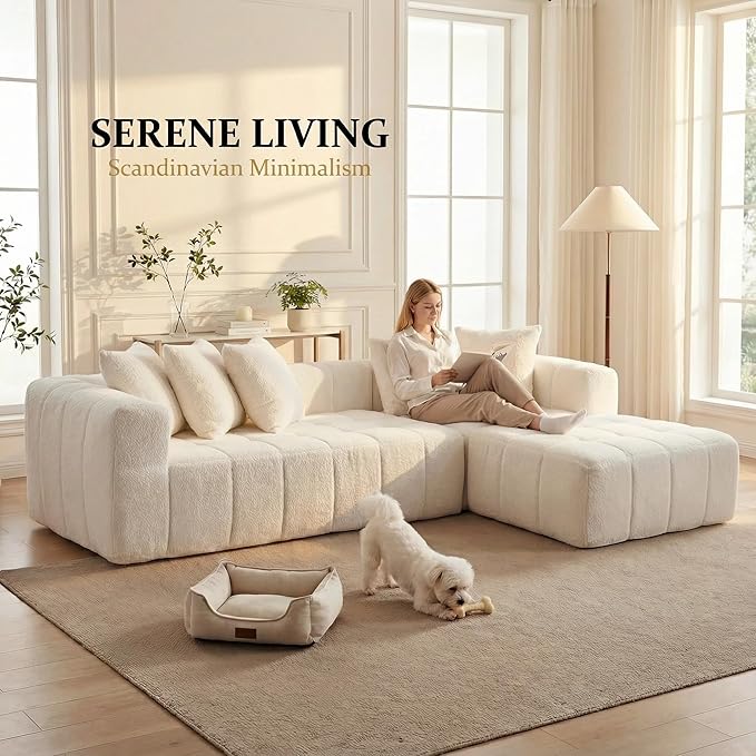107.9“Cloud Sectional Boneless Couch Modular Sofa with Deep Seat 5 Pillows L-Shaped Free Combination Soft Boucle Fabric 1400 lbs Capacity Living Room Apartment. (Cream Right Hand Facing) | No Assembl
