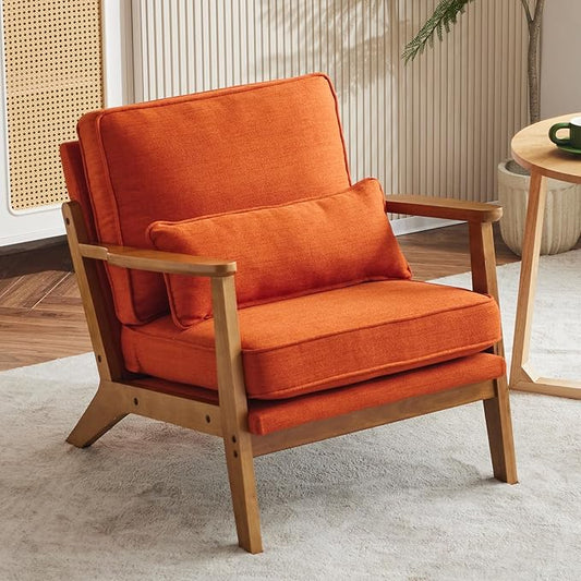 Karl home Accent Chair Wide Armrest Mid-Century Lounge Chair Linen Fabric Armchair with Lumbar Pillow &amp Solid Wood Frame for Living Room Bedroom Balcony Burnt Orange