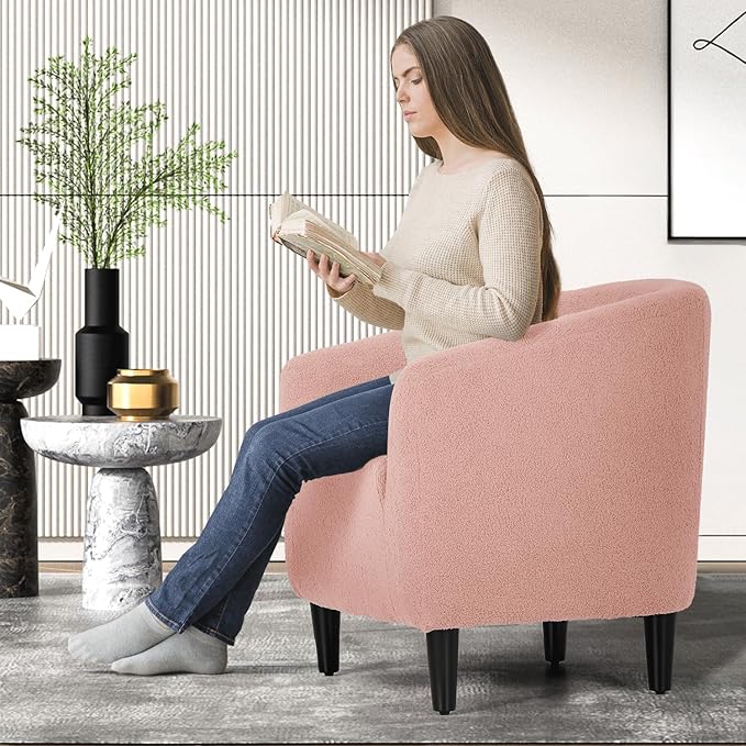 MoNiBloom Accent Barrel Chair Boucle Fabric Accent Chair Modern Sherpa Elegant Armchair with Cozy Soft Padded 300lbs Capacity Compact Sofa Chair for Living Room Bedroom Office Soft Pink