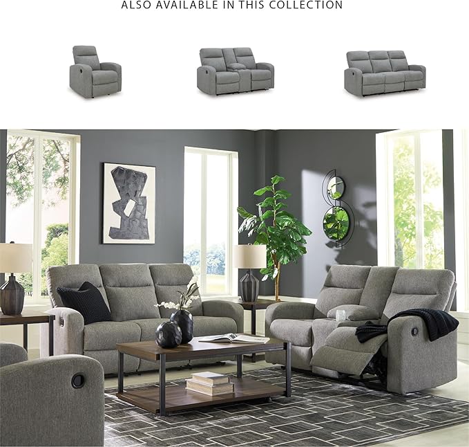 Signature Design by Ashley Carrigan Lane Classic Manual Pull Tab Dual Sided Reclining Loveseat with Console and Storage Gray