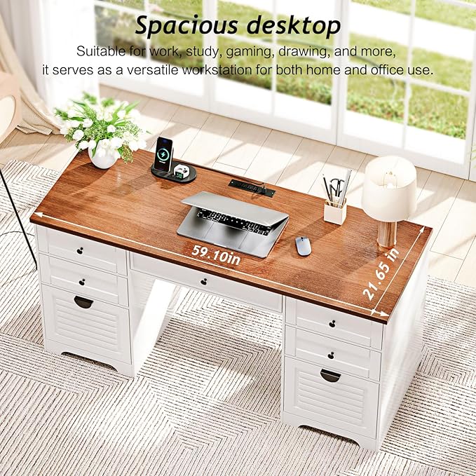 59 Home Office Desks Executive Desk Farmhouse Computer Desk with 7 Drawers and Charging Station File Drawer Rustic Computer Writing DeskAntique Cream
