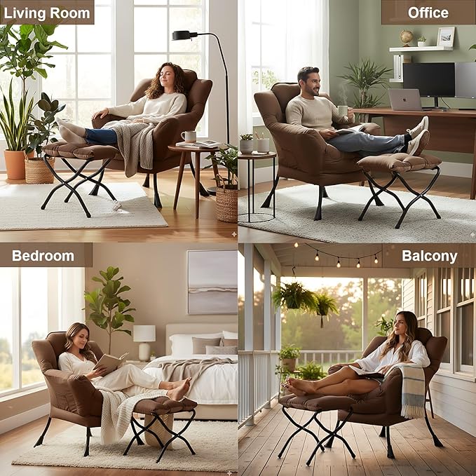 LITA Lazy Chair with Ottoman Modern Accent Leisure Upholstered Sofa Chair Contemporary Lounge Reading Chairs with Armrests and a Side Pocket for Living Room Bedroom &amp Small Space Dark Brown