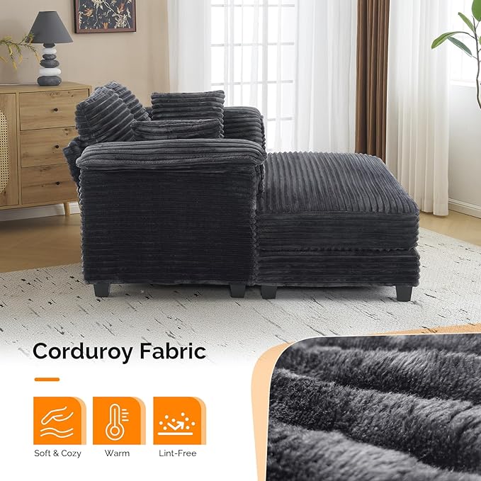 VINGLI Lounge Chair 56 Oversized Reading Chair Corduroy Chaise Sofa Recliner Bed Upholstered Comfy Sleeper Couch with Throw Pillows and Armrests for Living Room Movie Room Bedroom