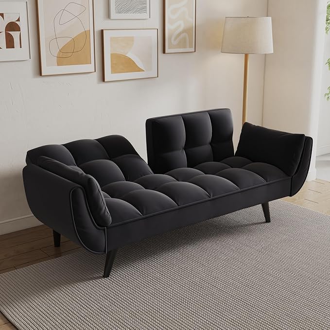Velvet Futon Sofa Couch Bed with 2 Pillows Convertible Folding Futon Couch with Adjustable Backrest Love Seat Sleeper Sofa Bed for Small Spaces Living Room Office Apartment (Black)