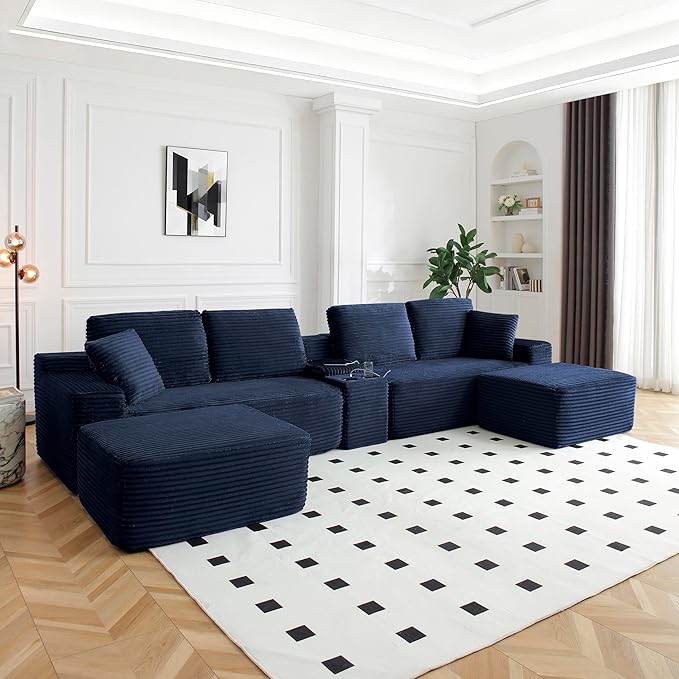 U-Shaped Cloud Sectional Couch Symmetrical Modular Compressed Boneless Sectional Sofa with Chaise Lounges and Console Plush Corduroy Boneless Corner Sofa for Living Room