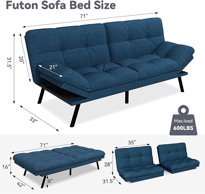 Vyfipt Convertible Futon Sofa Bed 71 Memory Foam Futon Couch with DetachableAdjustable BackrestLinen Fabric Folding Small Loveseat Sleeper for for Living RoomRVOfficeApartmentPure Blue
