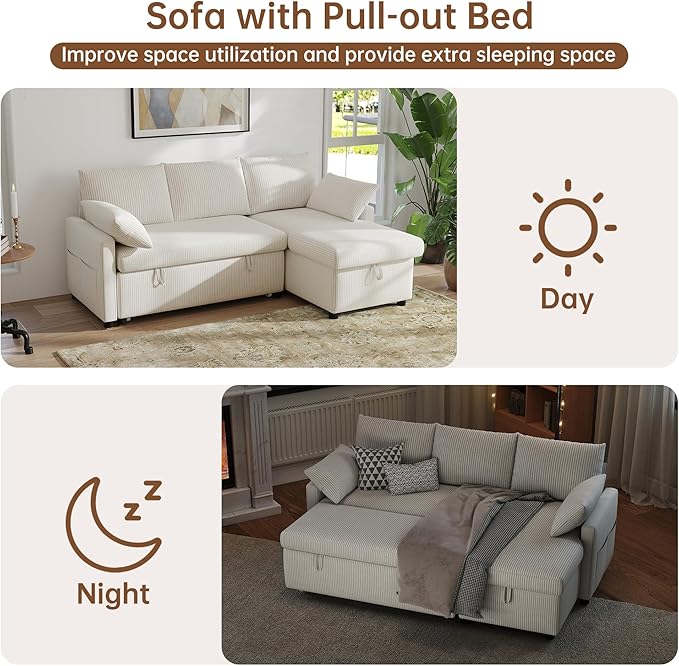 Sofa Bed 80'' L Shape Corduroy Sleeper Sofa Couch with Pullout Bed and Storage Chaise for Living Room Apartment and Sunroom Beige