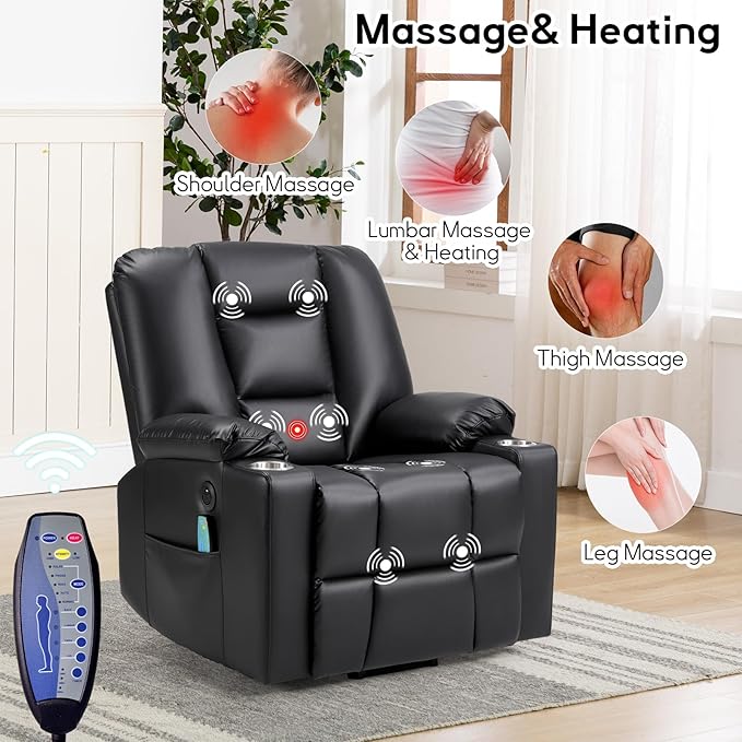 Bonzy Home Power Lift Chair with Heat and Massage Faux Leather Lift Recliner Chair for Adults Elderly Upholstered Recliner with 2 Cup Holders Side Pocket USB and Type-c Port Black