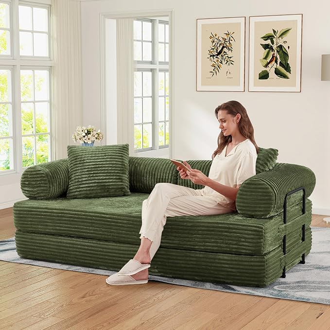78.5W Convertible Folding Sofa Bed Corduroy Upholstered Queen Size Foam Floor Couch with Fixed-Shaped Frame Loveseat Sleeper Compression Sofa Foldable Mattress for Living Room Bedroom(Green)