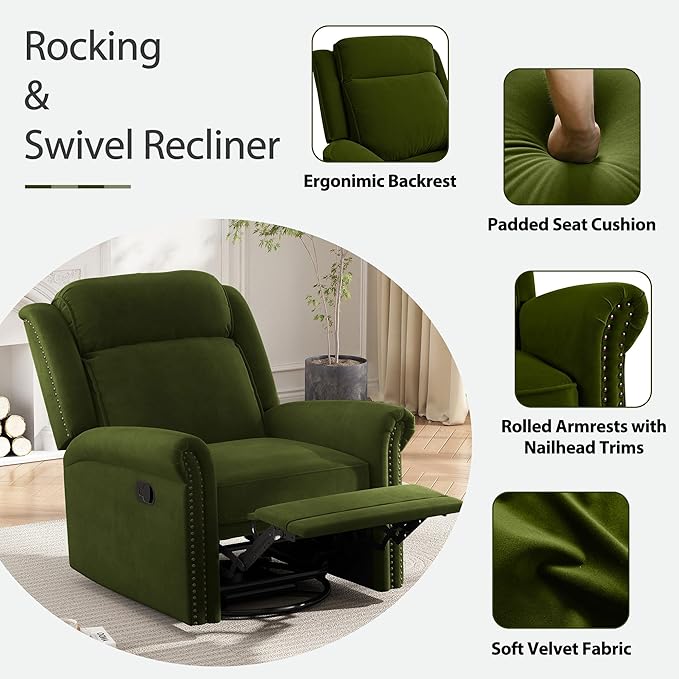 360° Swivel Recliner Chair with Adjustable Backrest Manual Rocking Recliner Home Theater Manual Recliner Chair with Metal Base and Velvet Fabric for Living Room (Green 2)