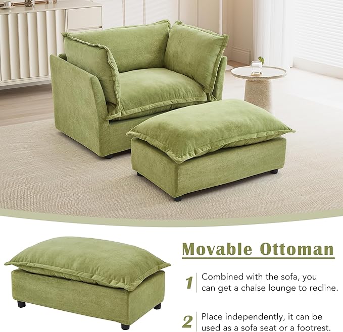 Merax Modern Armchair Sofa 47 Cozy Upholstered Sofa Chair with Movable Ottoman Wide Seat Curved Armrests and Soft Pillows for Living Room BedroomGreen