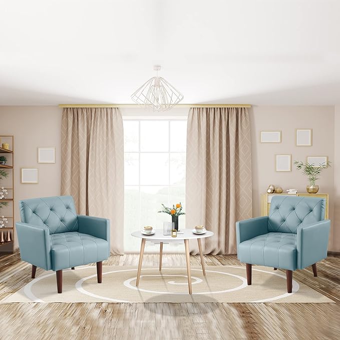Leather Accent Chair Mid Century Modern PU Leather High Back Armchair for Living Room Chairs with Solid Wood Legs for Small Spaces Bedroom Office (Blue 29.1 x 25.6 x 31.1)