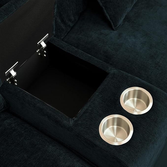 Oversized L-Shaped Modular Sectional Sofa with Storage Armrest Reversible Couch with Movable Ottoman USB Ports Cup Holders 360°Swivel Tray Comfy Cloud Cushions for Living Room (Black 144.49)