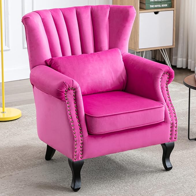 Accent Reading Arm Chairs Midcentury Modern Comfy Corner Sofa Chair Wingback Waiting Room Club Chair with Tufted Back for Living Room/Bedroom/Reception Room Velvet Rose