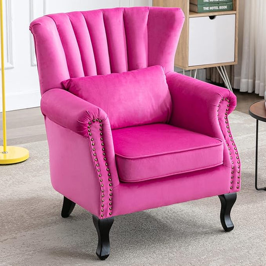 Accent Reading Arm Chairs Midcentury Modern Comfy Corner Sofa Chair Wingback Waiting Room Club Chair with Tufted Back for Living Room/Bedroom/Reception Room Velvet Rose