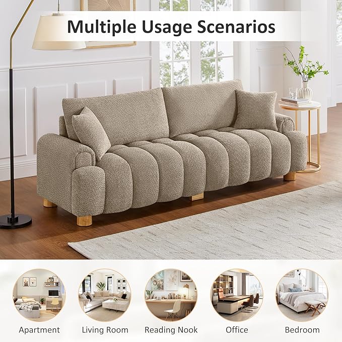 VANOMi Boucle Sofa Couch 91 Comfy Tufted Upholstered Cloud Couches Modern 3 Seater Sofa with Pillows Oversized Deep Seat Sherpa Couch for Living Room Bedroom Apartment (Camel Color)