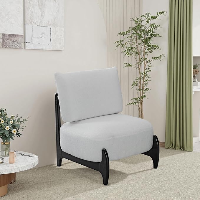 Modern Living Room Accent Chair Teddy Fleece Solid Rubberwood Frame Contemporary Lounge Seating for Reading Corner (White)
