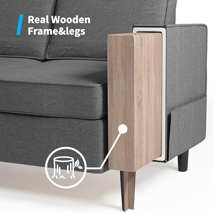 Mjkone Armchair Accent Chair with Storage Pockets Modern Single Sofa Chair for Living Room/Apartment/Small Spaces/Bedroom - Dark Grey
