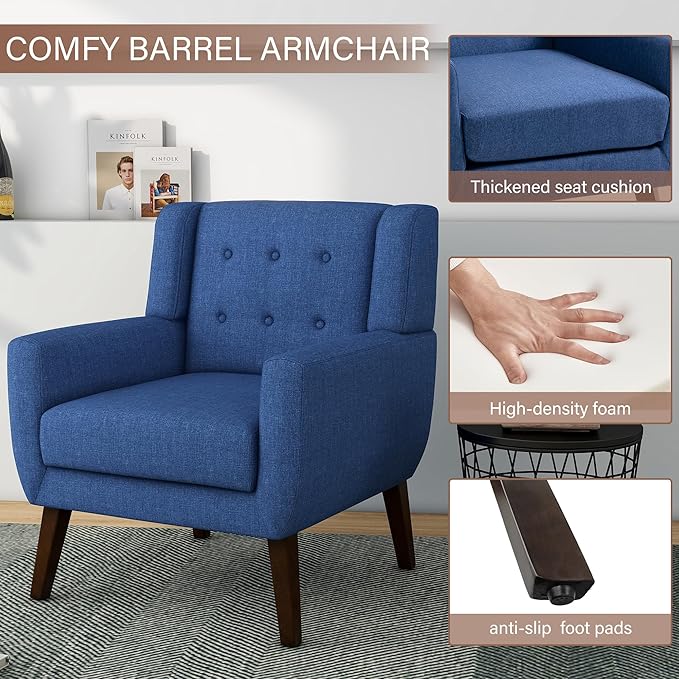 Accent Chair Set of 4 Mid Century Modern ArmchairComfy Single Sofa for Living RoomButton Tufted Armrest Reading Seat Bedroom Side Sitting for Home OfficeRecliner Chair Home Theater SeatingBule