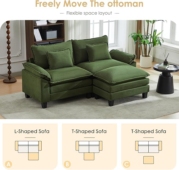 URRED Modular Cloud Couch Sectional Sofa 87 L Shaped Deep Seat Sofa with Ottoman &amp Pillows Ultra Comfy Corduroy Loveseat Sofa for Living Room Apartment or Bedroom Green | Corduroy Fabric