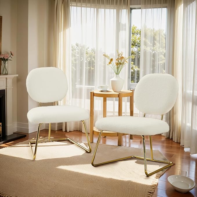 Art Leon Modern Vanity Chair with Back - Furry Upholstered Makeup Chair Living Room Side Chair Modern Accent Chair with Metal Legs for Bedroom Living Room Makeup Studio Manicure Shop White