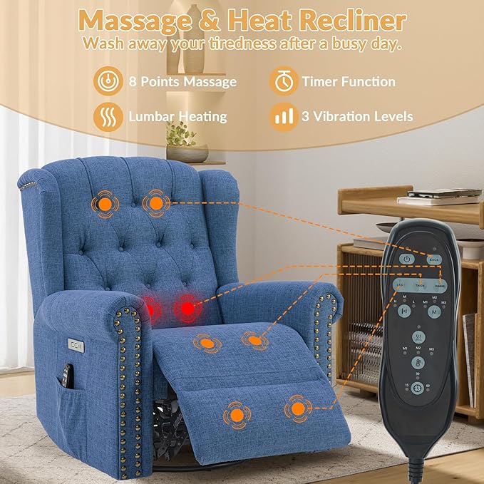 Power Swivel Rocking Glider Recliner Chair Electric Nursery Reclining Sofa Chair with Heat and Massage Wingback Tufted Upholstered Recliner for Living Rooms USB and Type-C Port Blue