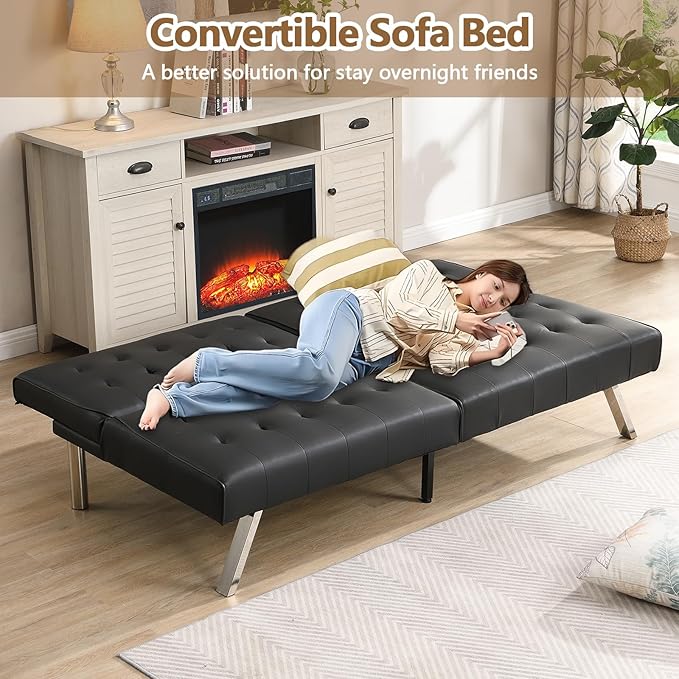 Modern Convertible Futon Sofa Bed Adjustable Loveseat Futon Couch with Metal Legs Upholstered Sofa Bed with Wood Frame Sleeper Couches for Small Compact RV Living RoomOffice (Black-Leather)