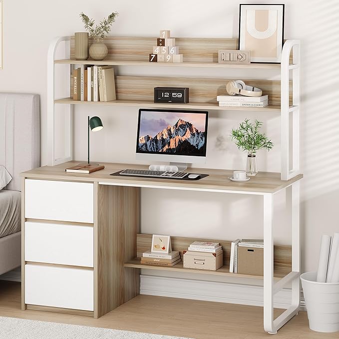 Computer Desk with 3 Drawers and Shelves 55 Inch Desk with Hutch for Small Spaces Study Writing Desk with Shelves for Bedrrom Adjustable Feet Walnut