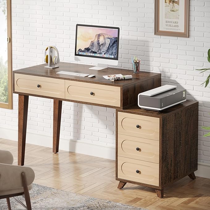Tribesigns 51-Inch Computer Desk with 5 Drawers Rustic Brown Office Desk with Reversible Drawer Cabinet Wooden Study Writing Table Workstation with Storage for Small Spaces