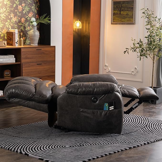 MEETWARM Large Infinite Position Dual Motor Recliner Chair for Big and Tall Elderly Oversized Lay Flat Sleeper Power Lift Recliner with Massage Heat 2 Remote Controls/USB Port/Side Pockets(Gray)